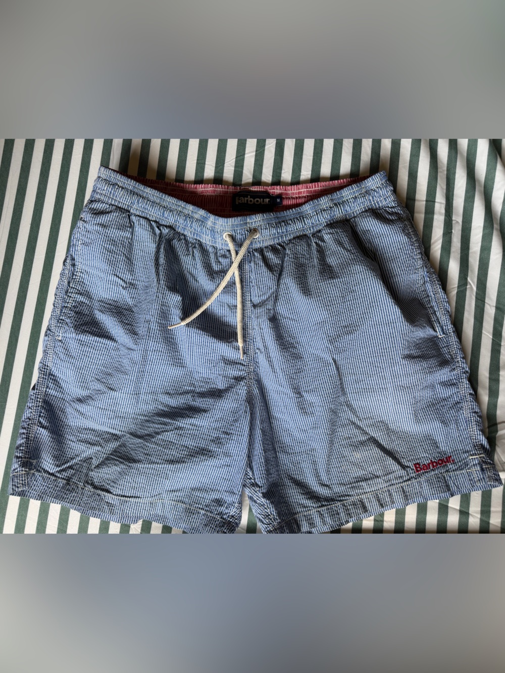 Barbour Blue Pinstripe Swim Trunks with Red Waistband Accent